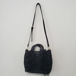 Chicos Like New Elegant Black Woven Straw Crossbody Handbag Purse